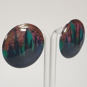 Vintage Hand Painted Circle Enamel Pierced Ear Earrings